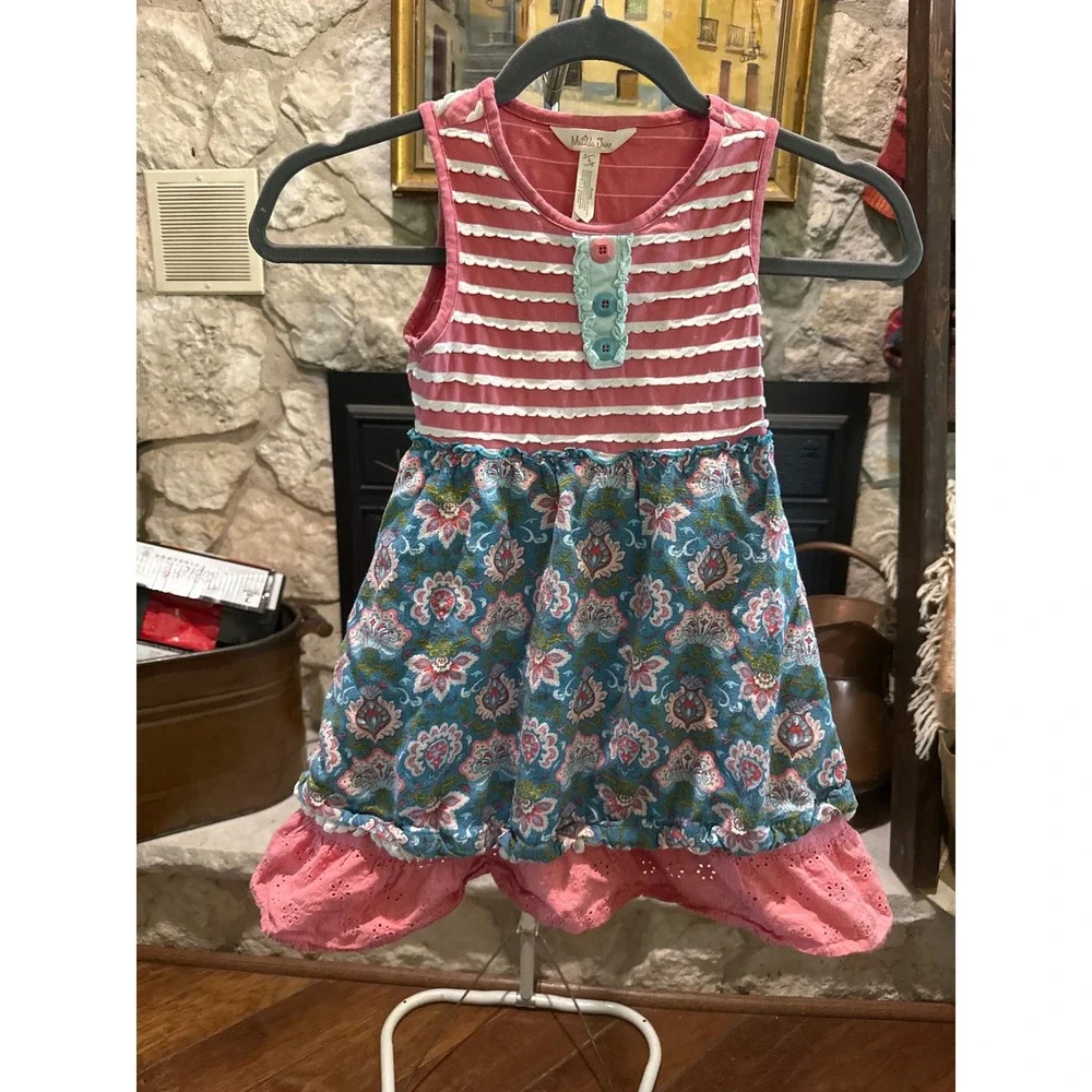 Matilda Jane Ruffled Floral Dress Girls Size‎ 6 Pink White Striped Skirt Bottom